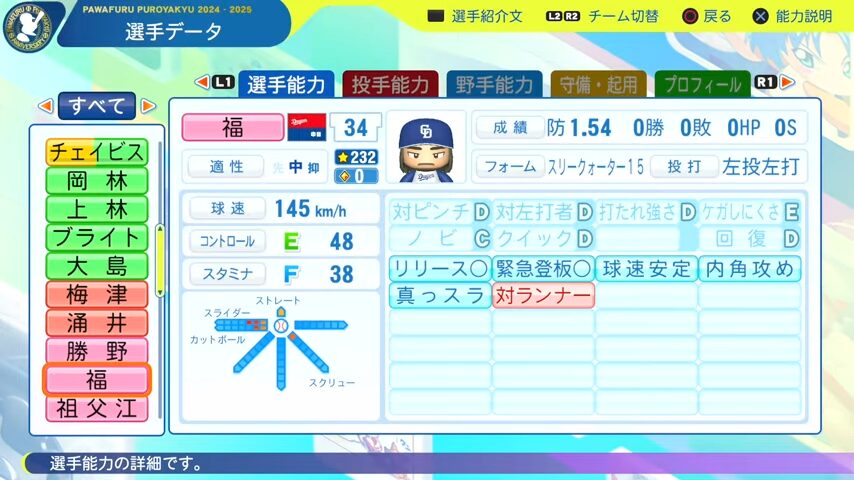 福_中日ドラゴンズ_パワプロ能力データ_2025年決定版