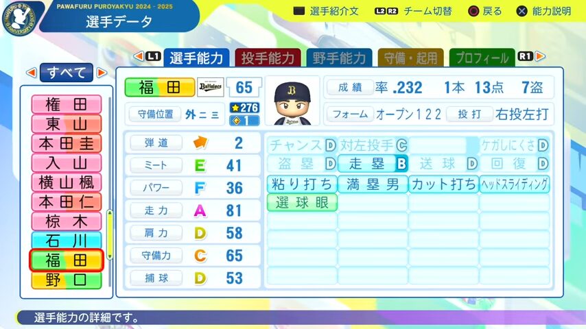 福田_オリックスバファローズ_パワプロ能力データ_2025年決定版
