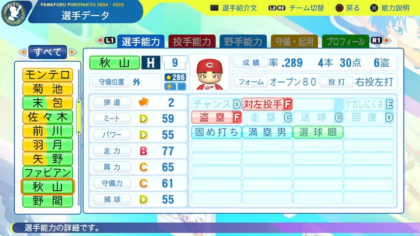 秋山翔吾_広島カープ_パワプロ能力データ_2025年決定版