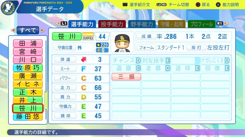 笹川_ソフトバンクホークス_パワプロ能力データ_2025年決定版