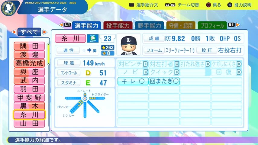 糸川_西武ライオンズ_パワプロ能力データ_2025年決定版