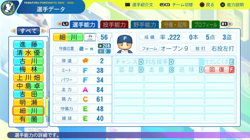 明瀬_日本ハムファイターズ_パワプロ能力データ_2025年決定版