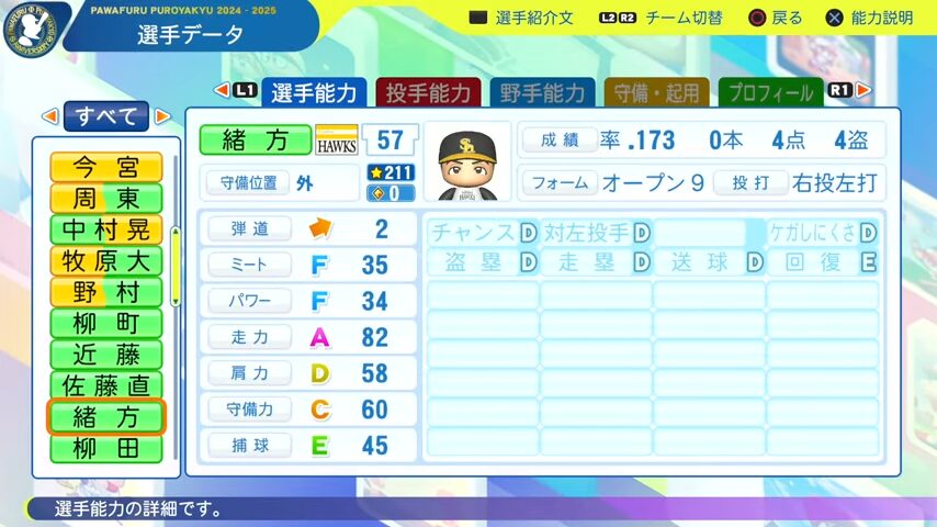 緒方_ソフトバンクホークス_パワプロ能力データ_2025年決定版