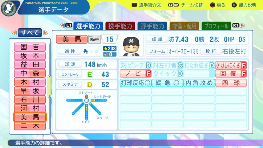 美馬_千葉ロッテマリーンズ_パワプロ能力データ_2025年決定版