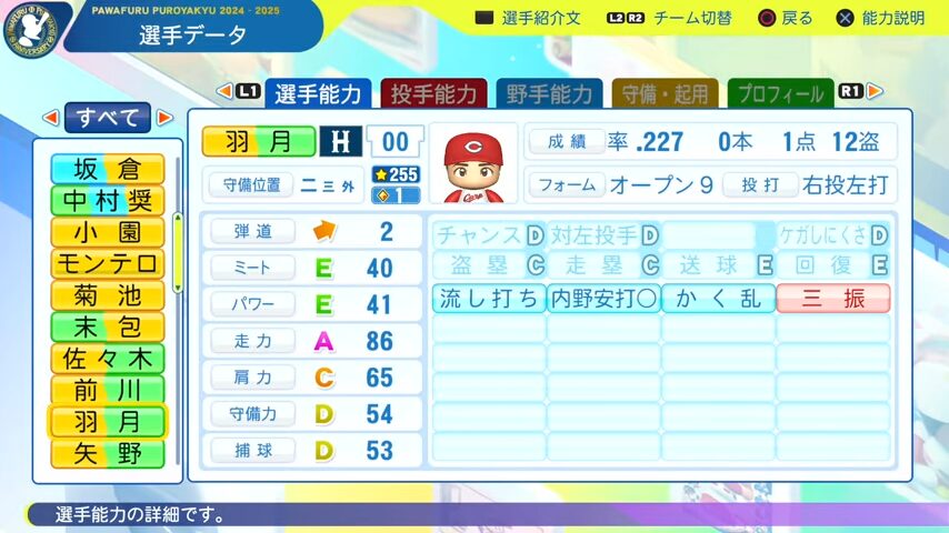 羽月_広島カープ_パワプロ能力データ_2025年決定版