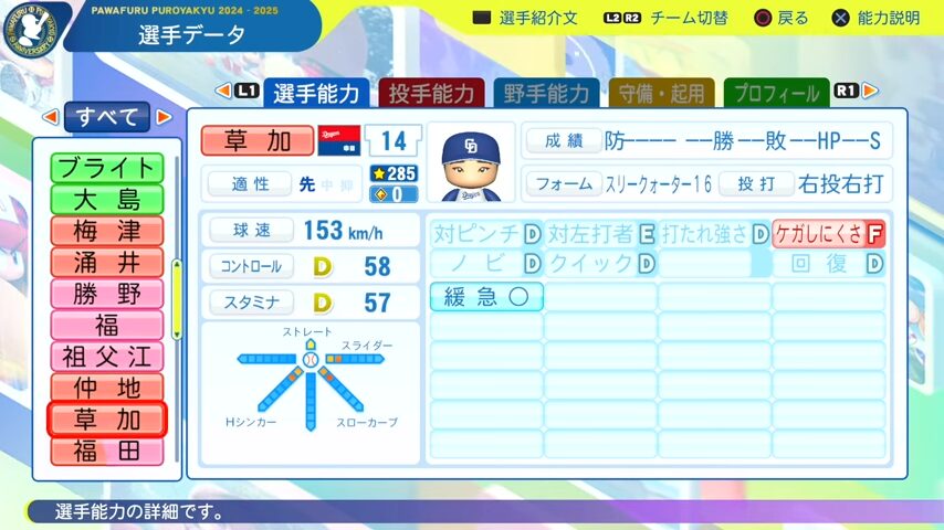 草加_中日ドラゴンズ_パワプロ能力データ_2025年決定版