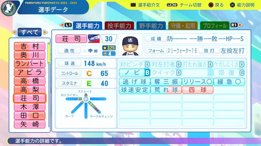 荘司_ヤクルトスワローズ_パワプロ能力データ_2025年決定版