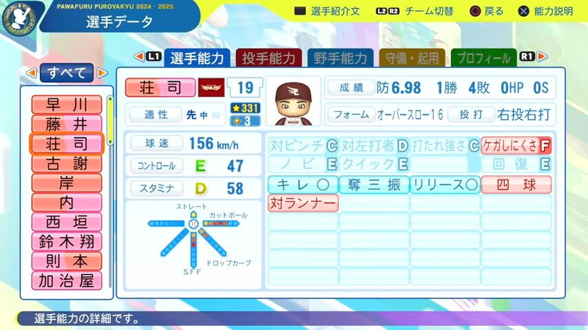 荘司_楽天イーグルス_パワプロ能力データ_2025年決定版