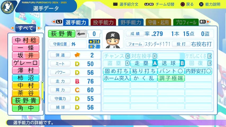荻野貴司_千葉ロッテマリーンズ_パワプロ能力データ_2025年決定版