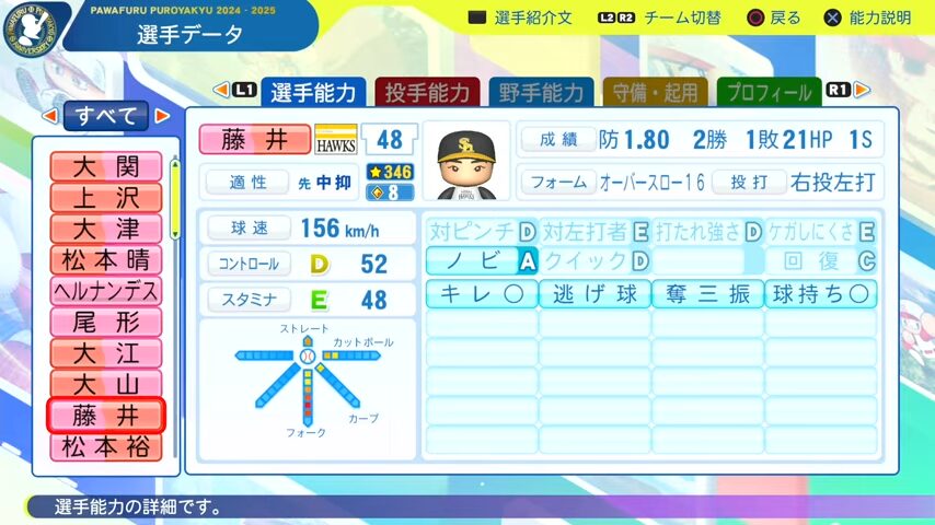 藤井_ソフトバンクホークス_パワプロ能力データ_2025年決定版