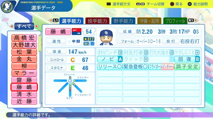 藤嶋_中日ドラゴンズ_パワプロ能力データ_2025年決定版