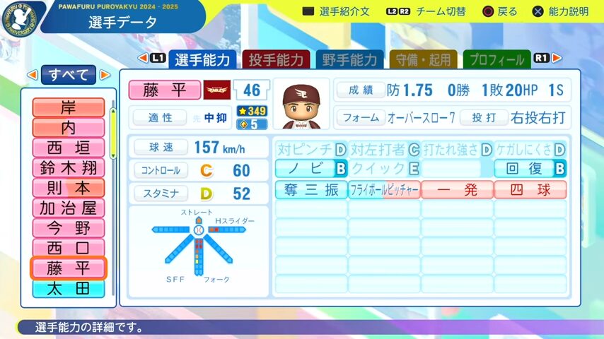 藤平_楽天イーグルス_パワプロ能力データ_2025年決定版