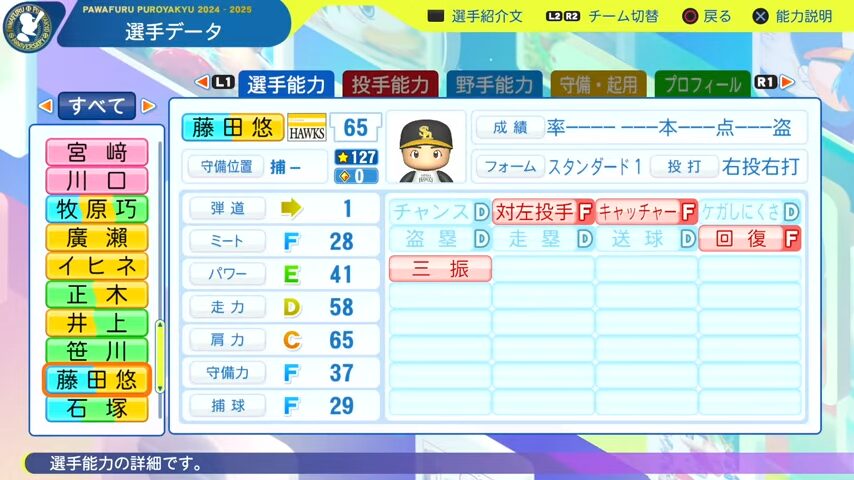 藤田悠_ソフトバンクホークス_パワプロ能力データ_2025年決定版