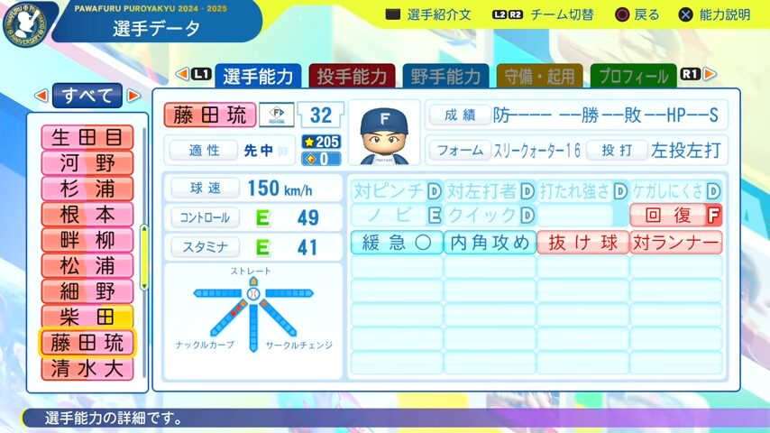 藤田琉_日本ハムファイターズ_パワプロ能力データ_2025年決定版