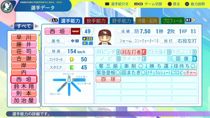 西垣_楽天イーグルス_パワプロ能力データ_2025年決定版