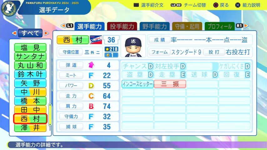 西村_ヤクルトスワローズ_パワプロ能力データ_2025年決定版