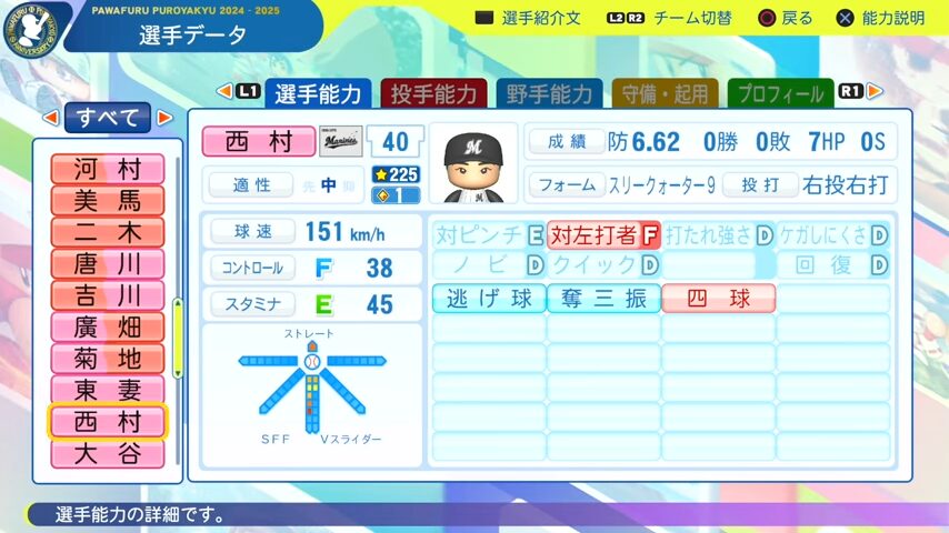 西村_千葉ロッテマリーンズ_パワプロ能力データ_2025年決定版