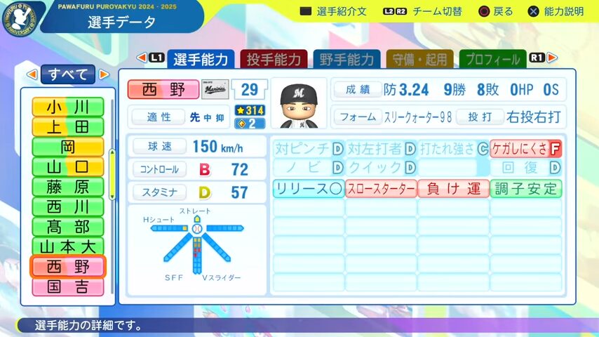 西野_千葉ロッテマリーンズ_パワプロ能力データ_2025年決定版