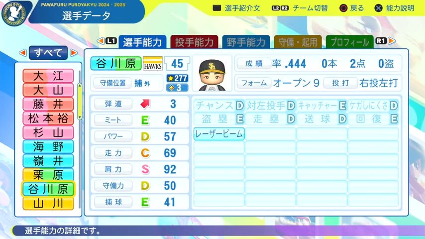 谷川原_ソフトバンクホークス_パワプロ能力データ_2025年決定版