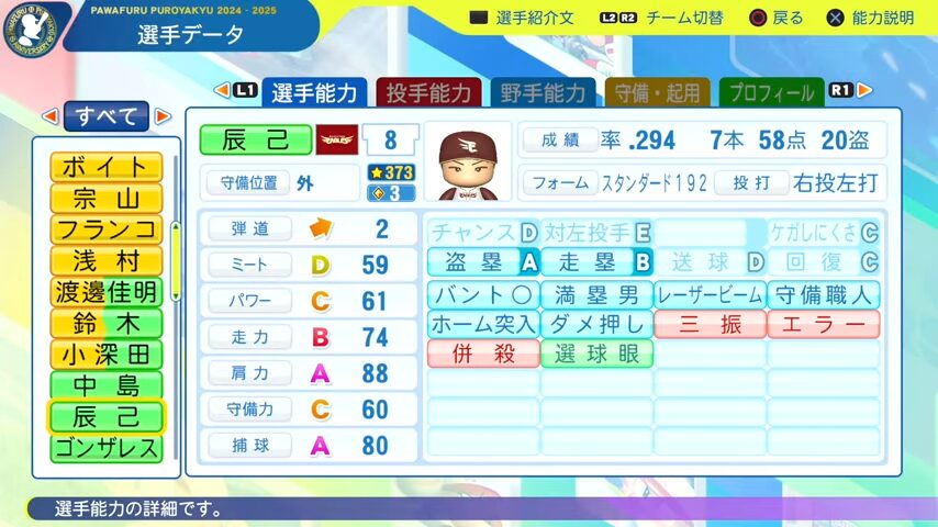 辰己涼介_楽天イーグルス_パワプロ能力データ_2025年決定版
