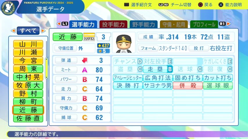 近藤健介_ソフトバンクホークス_パワプロ能力データ_2025年決定版