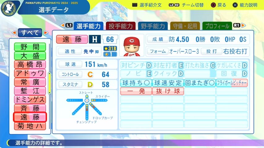 遠藤_広島カープ_パワプロ能力データ_2025年決定版