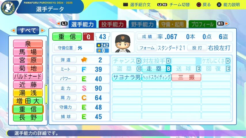 重信_巨人_パワプロ能力データ_2025年決定版