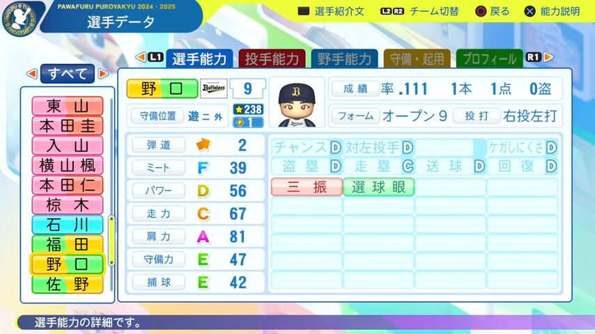野口_オリックスバファローズ_パワプロ能力データ_2025年決定版