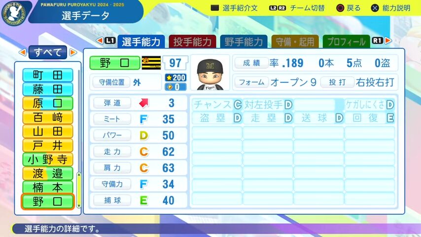 野口_阪神タイガース_パワプロ能力データ_2025年決定版