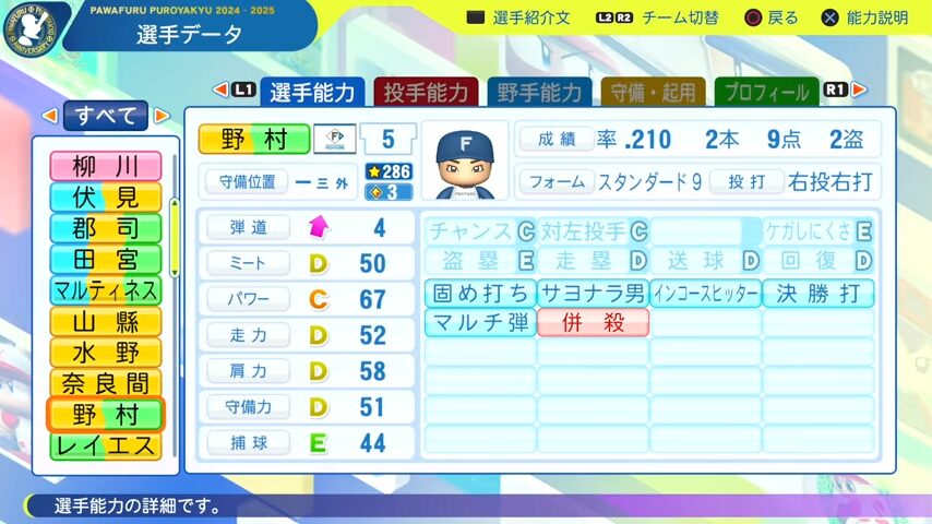 野村_日本ハムファイターズ_パワプロ能力データ_2025年決定版