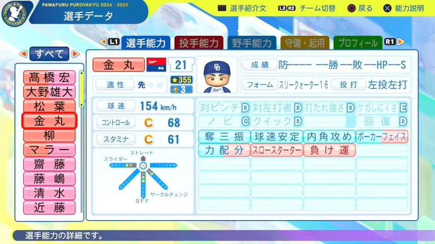 金丸_中日ドラゴンズ_パワプロ能力データ_2025年決定版