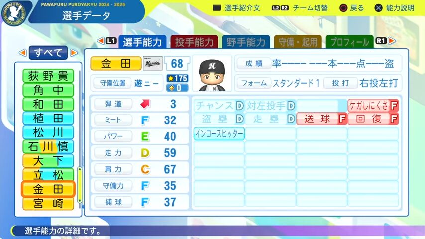 金田_千葉ロッテマリーンズ_パワプロ能力データ_2025年決定版