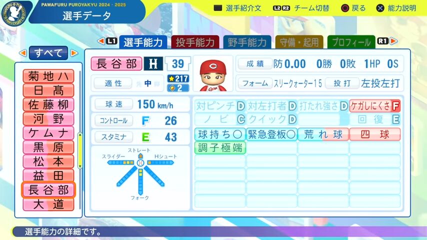 長谷部_広島カープ_パワプロ能力データ_2025年決定版