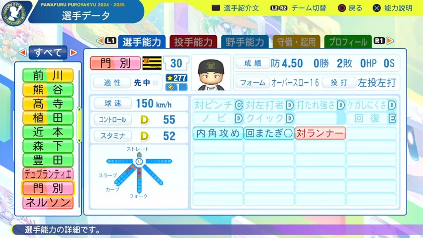 門別_阪神タイガース_パワプロ能力データ_2025年決定版