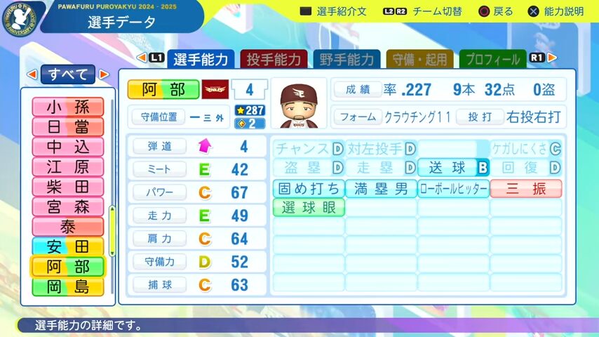 阿部_楽天イーグルス_パワプロ能力データ_2025年決定版