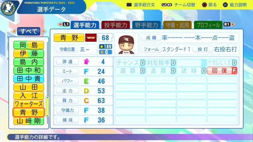 青野_楽天イーグルス_パワプロ能力データ_2025年決定版