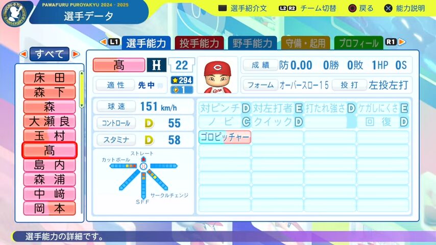 高_広島カープ_パワプロ能力データ_2025年決定版