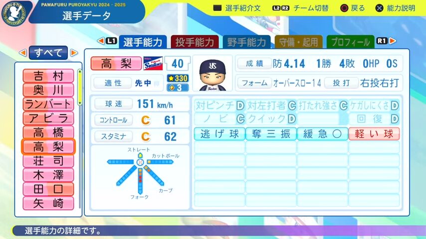 高梨_ヤクルトスワローズ_パワプロ能力データ_2025年決定版