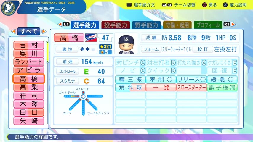 高橋_ヤクルトスワローズ_パワプロ能力データ_2025年決定版