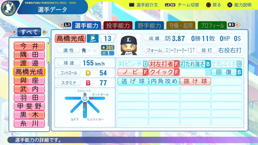 高橋光成_西武ライオンズ_パワプロ能力データ_2025年決定版