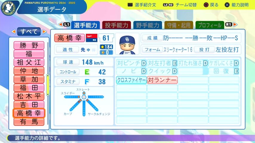 高橋幸_中日ドラゴンズ_パワプロ能力データ_2025年決定版