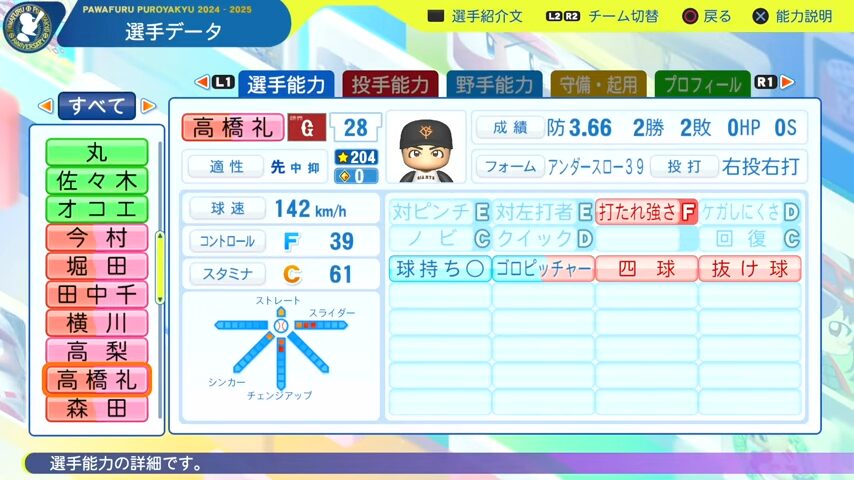 高橋礼_巨人_パワプロ能力データ_2025年決定版
