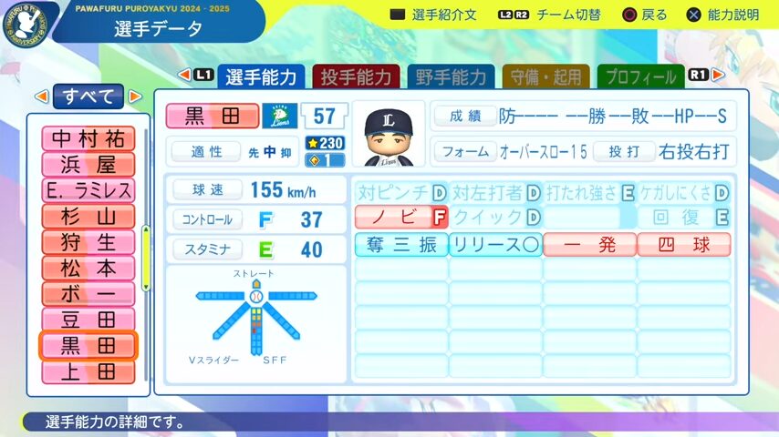 黒田_西武ライオンズ_パワプロ能力データ_2025年決定版