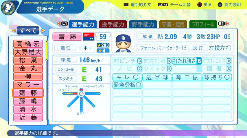 齋藤_中日ドラゴンズ_パワプロ能力データ_2025年決定版