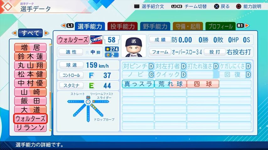 ウォルターズのパワプロ能力データ（2026年開幕版）・ヤクルトスワローズ