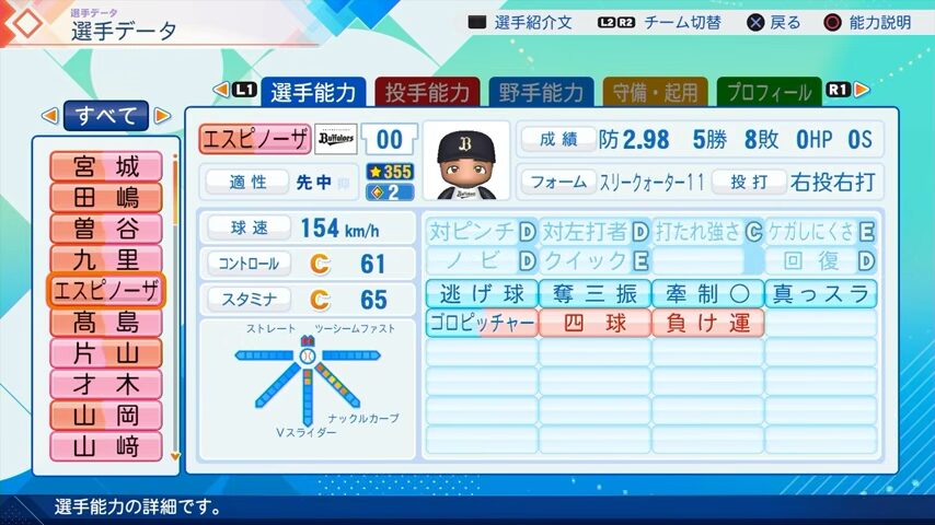 エスピノーザのパワプロ能力データ（2026年開幕版）・オリックスバファローズ