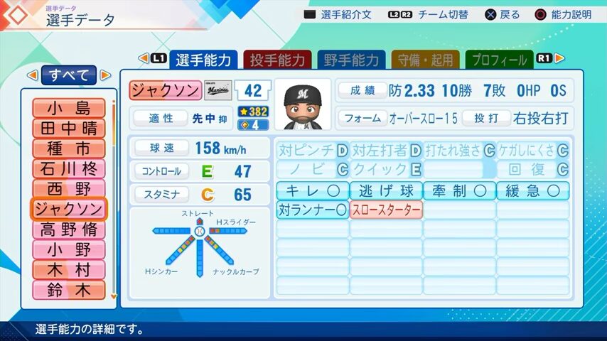 ジャクソンのパワプロ能力データ（2026年開幕版）・千葉ロッテマリーンズ