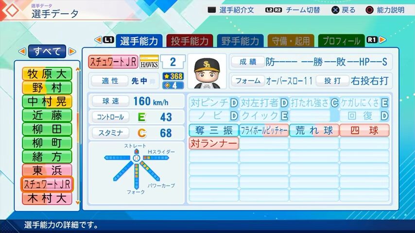 スチュワートJrのパワプロ能力データ（2026年開幕版）・ソフトバンクホークス