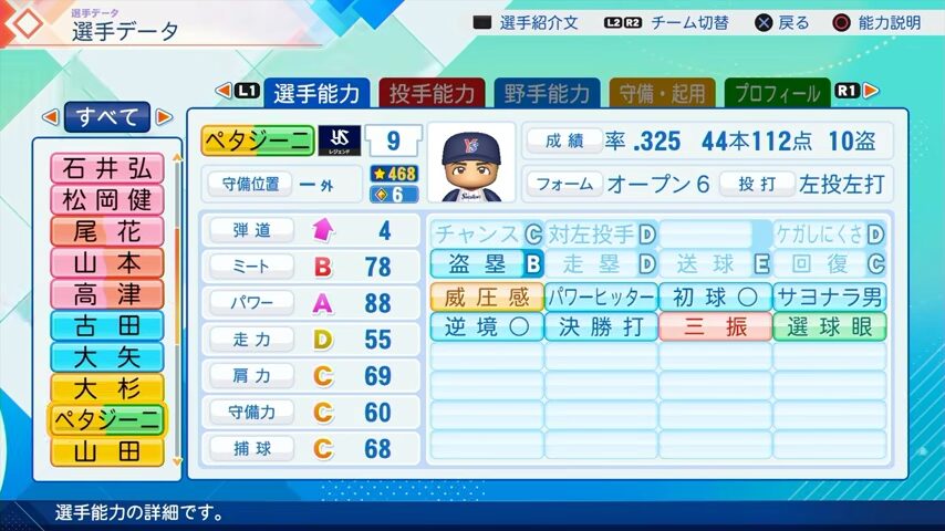 ペタジーニのパワプロ能力データ2026年版ヤクルトスワローズレジェンドOB