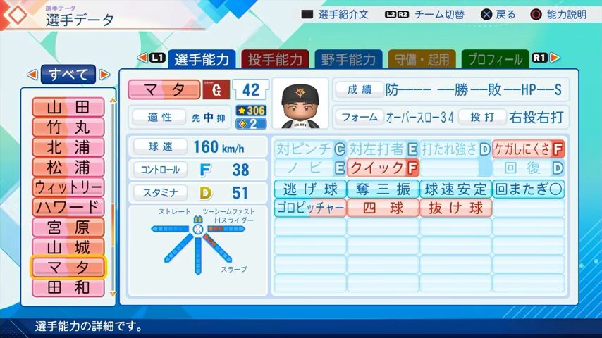 マタのパワプロ能力データ（2026年開幕版）・巨人
